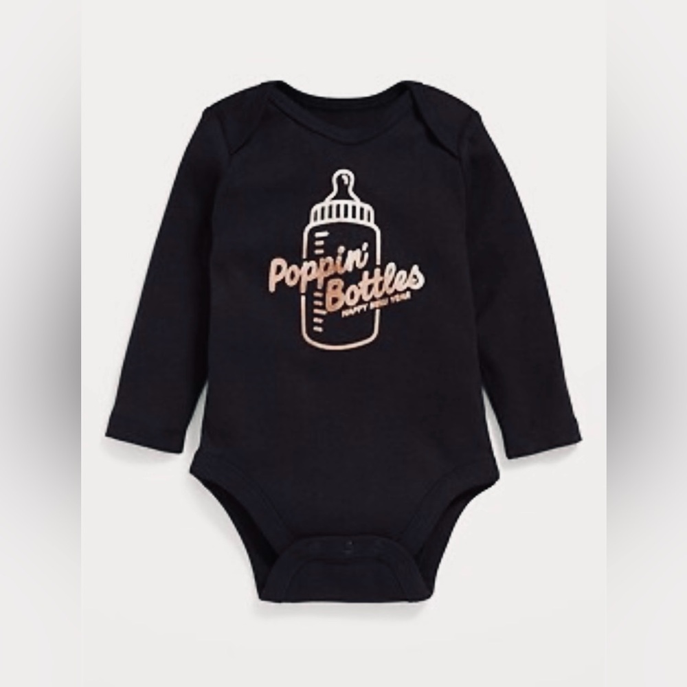 🛑 4 For $10 Old Navy Black 'Poppin' Bottles' New Years Baby Bodysuit Size 0-3 mo